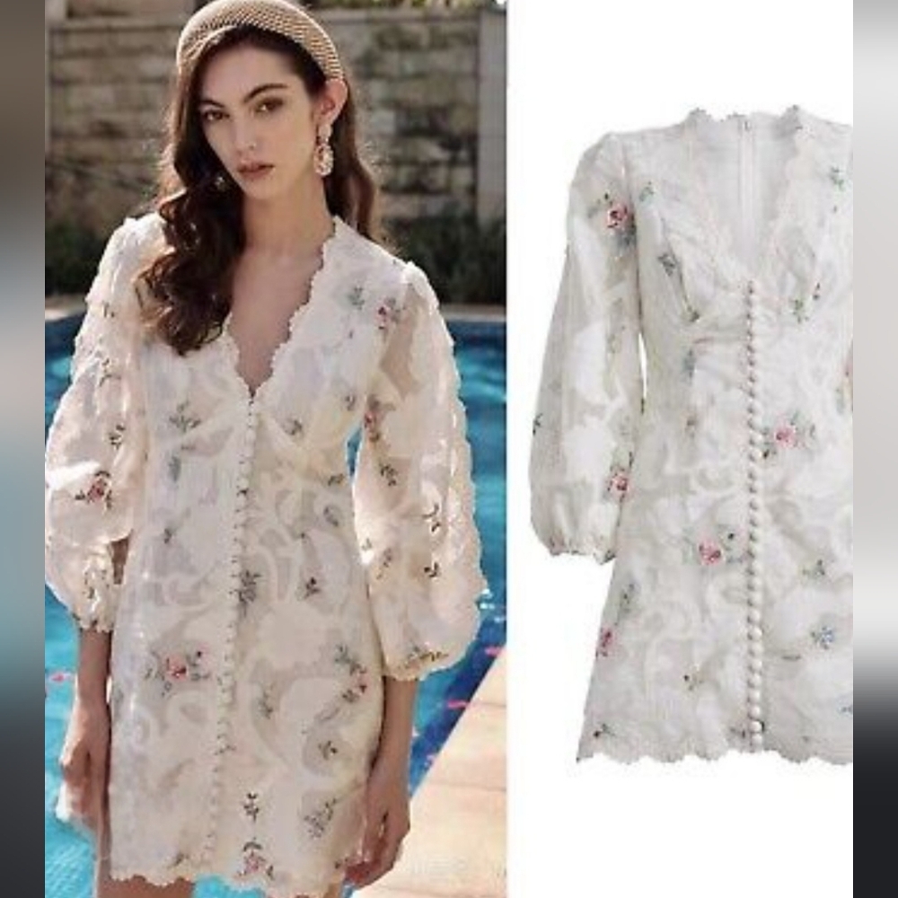 Ivory /Pink Floral Scalloped Cut Out Filagree Lace 3/4 Sleeve  Dress